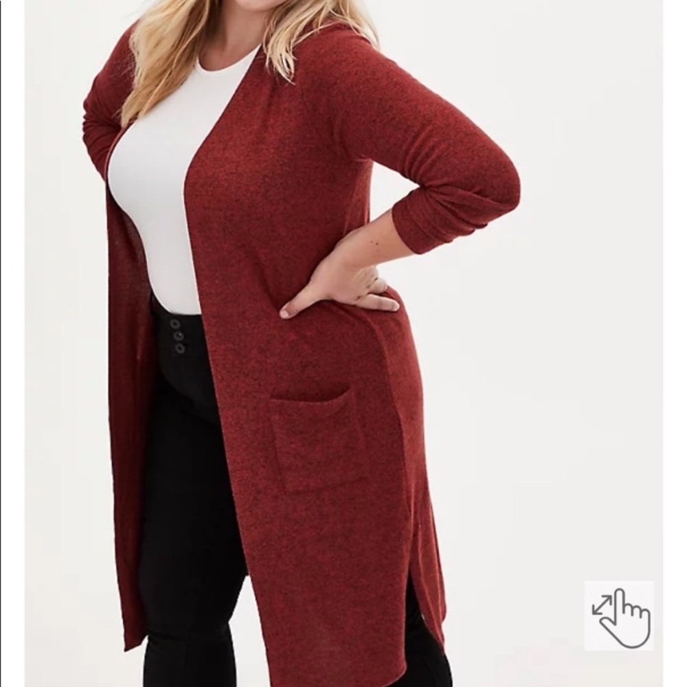 Torrid size 00x 10 M/L Super Soft Plush Rust Red Open Front Longline Cardigan